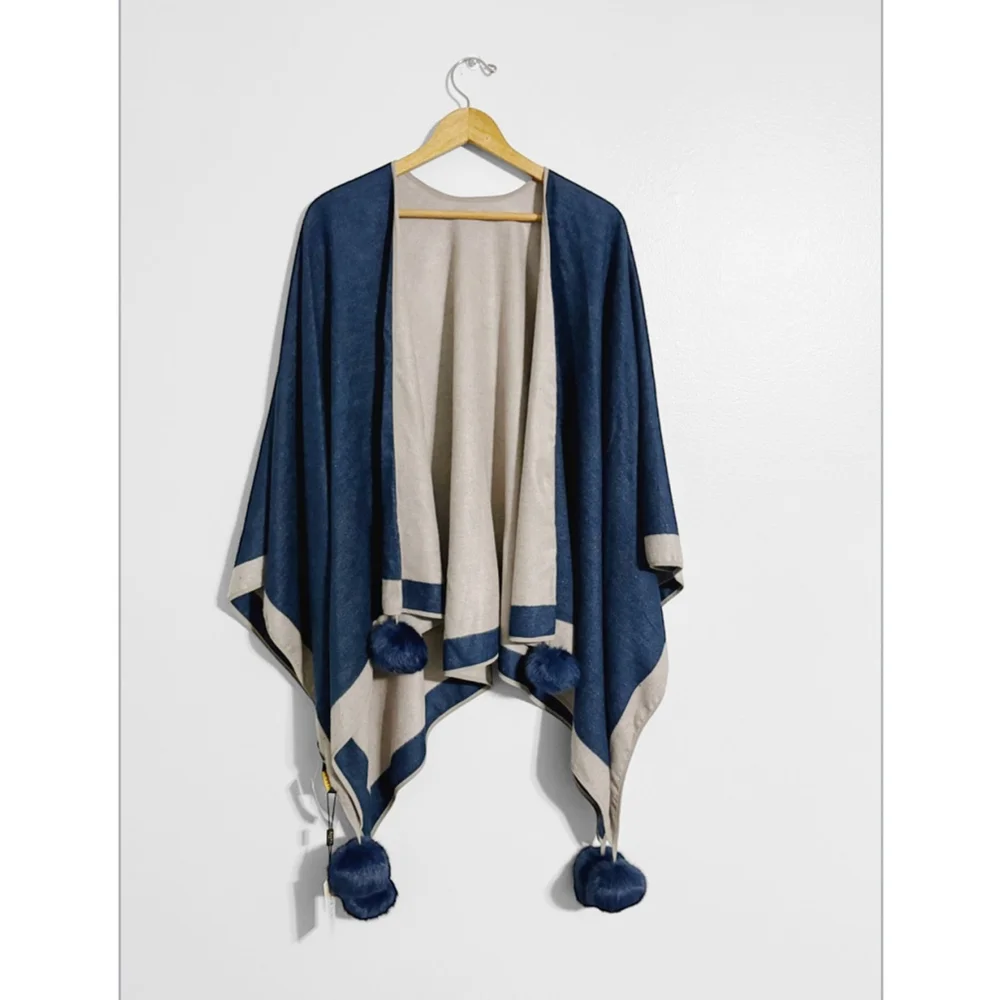 Jayley New!! Cashmere & Silk Reversible Pom Pom Wrap